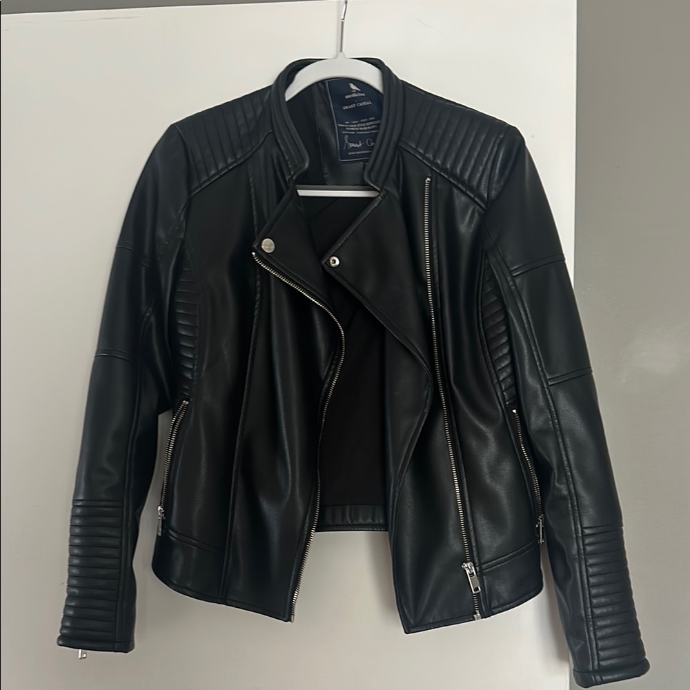Faux Black Leather Moto Jacket with Quilted Stitching